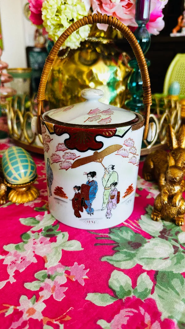 Vintage Biscuit Jar, Japanese Porcelain Basket Weave Handle, Lidded, Slight Paint Loss