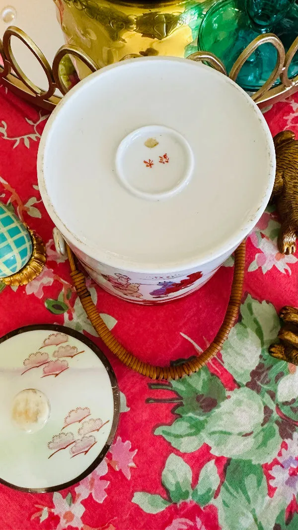 Vintage Biscuit Jar, Japanese Porcelain Basket Weave Handle, Lidded, Slight Paint Loss