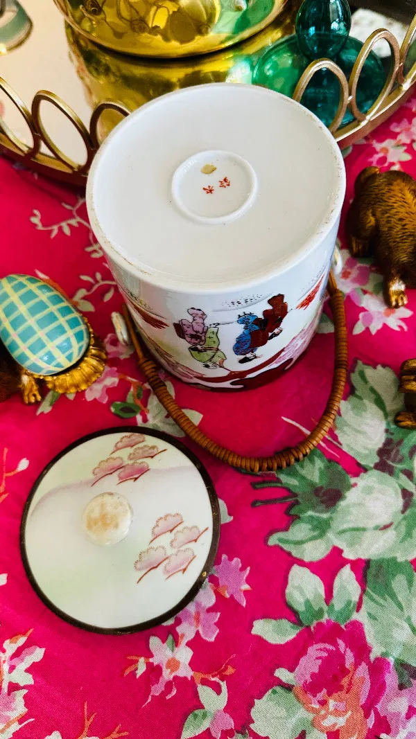 Vintage Biscuit Jar, Japanese Porcelain Basket Weave Handle, Lidded, Slight Paint Loss