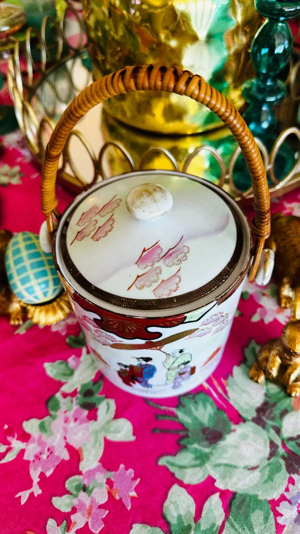 Vintage Biscuit Jar, Japanese Porcelain Basket Weave Handle, Lidded, Slight Paint Loss