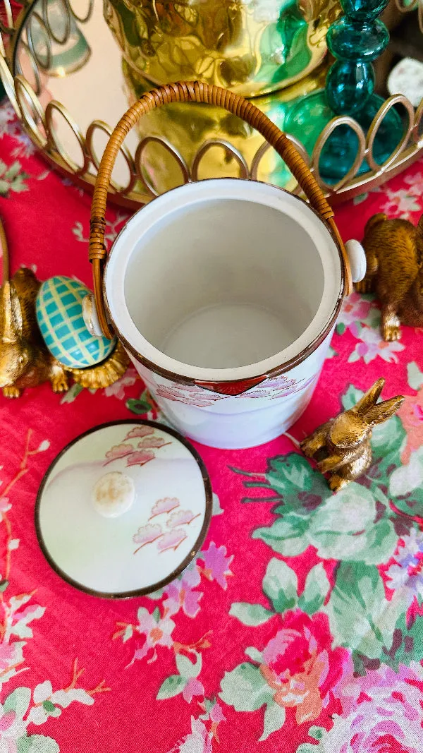 Vintage Biscuit Jar, Japanese Porcelain Basket Weave Handle, Lidded, Slight Paint Loss