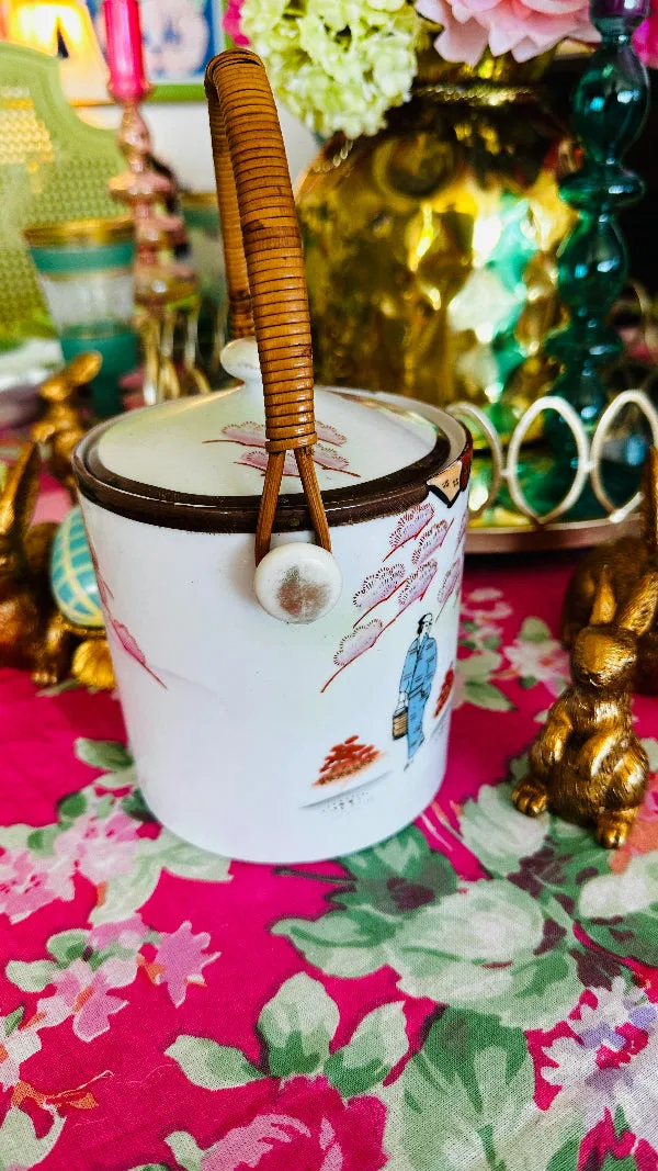 Vintage Biscuit Jar, Japanese Porcelain Basket Weave Handle, Lidded, Slight Paint Loss