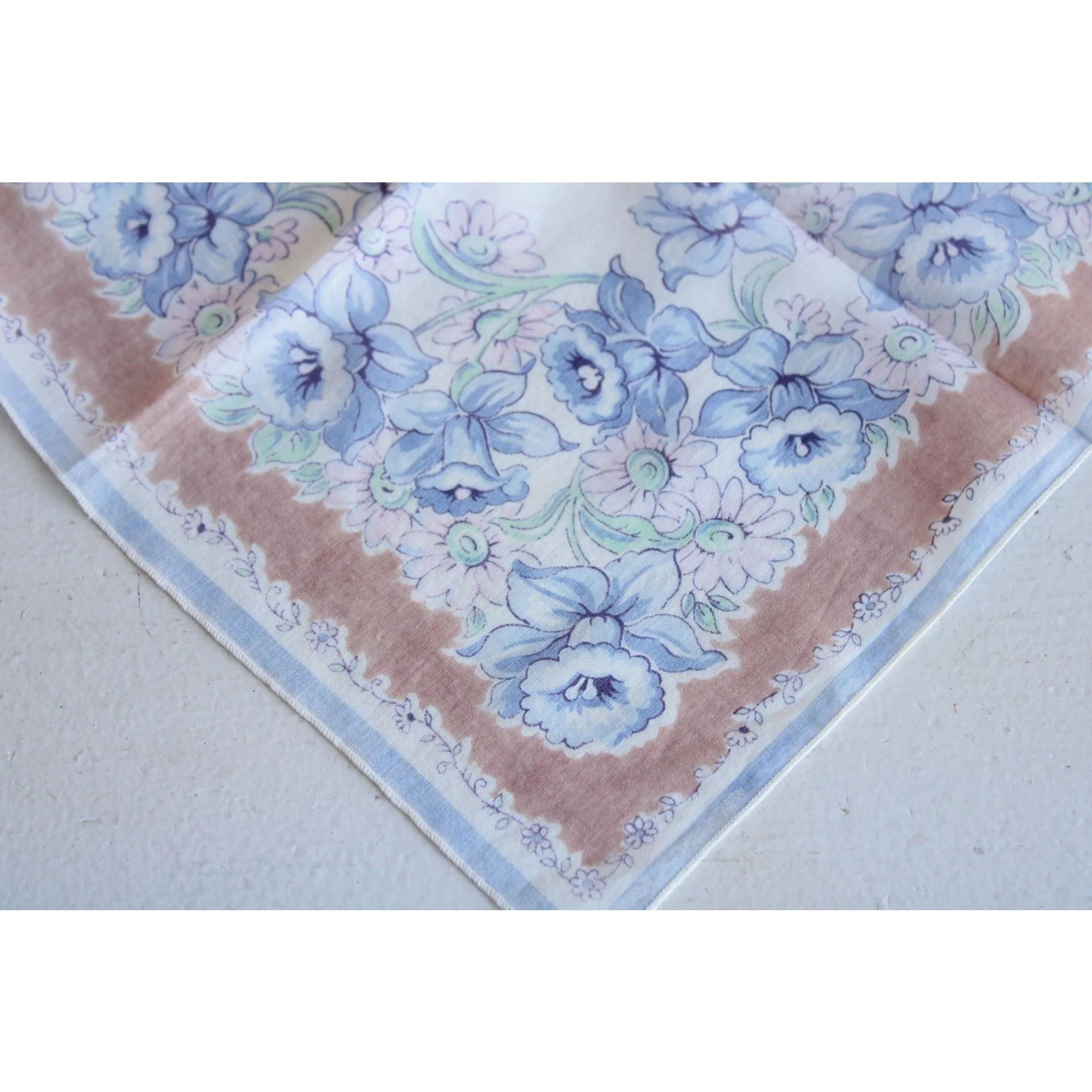 Vintage Blue and Brown Flower Print Cotton Hanky