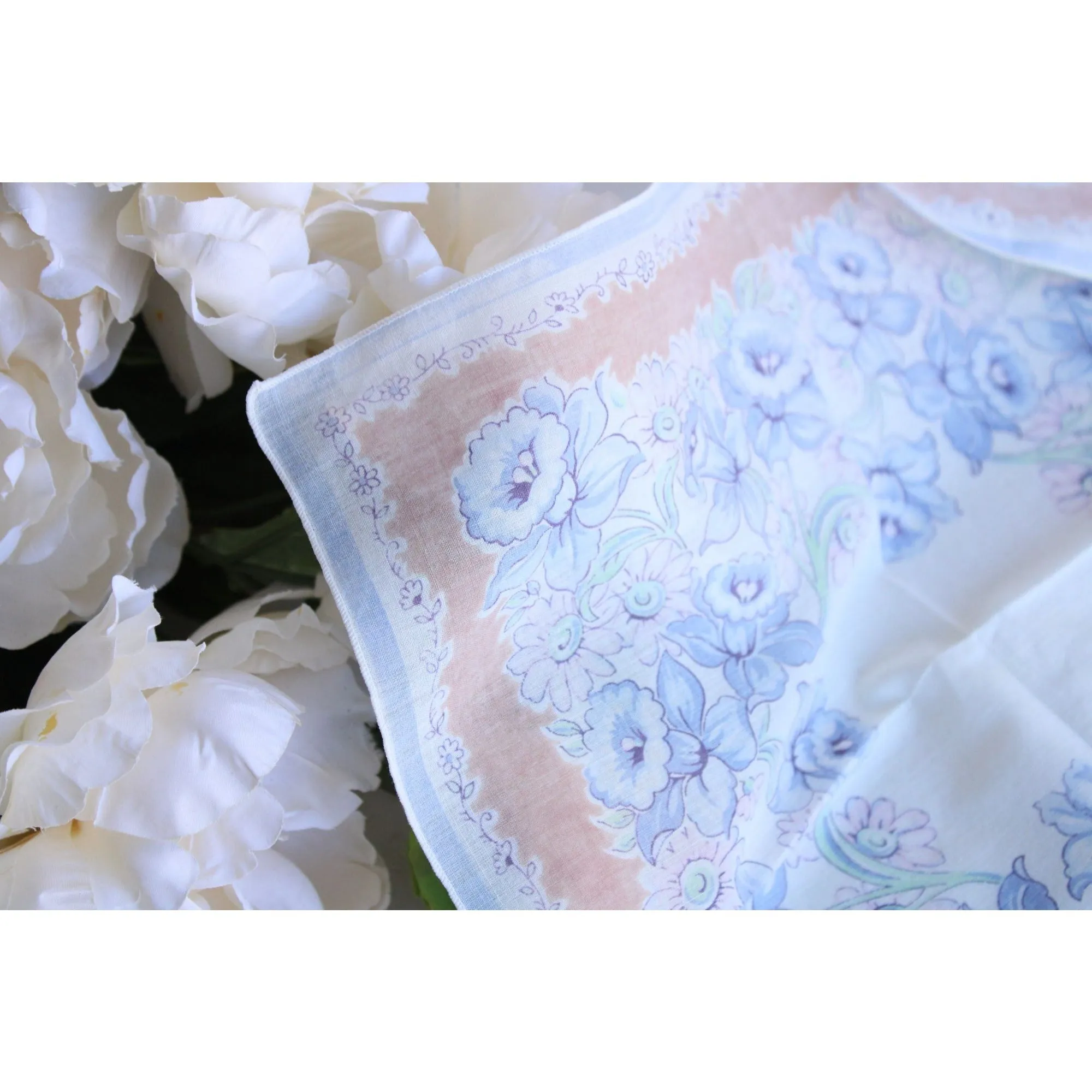 Vintage Blue and Brown Flower Print Cotton Hanky