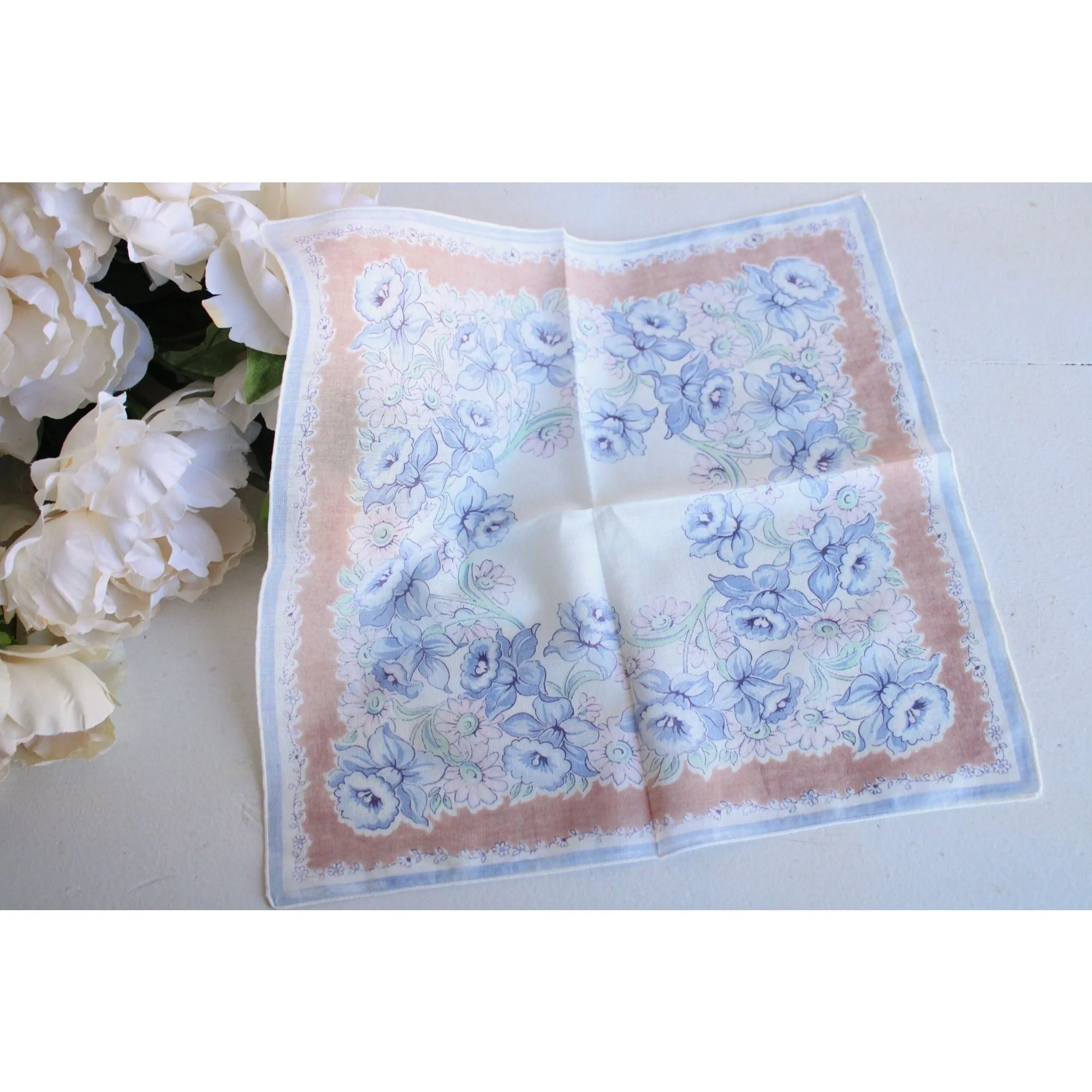 Vintage Blue and Brown Flower Print Cotton Hanky