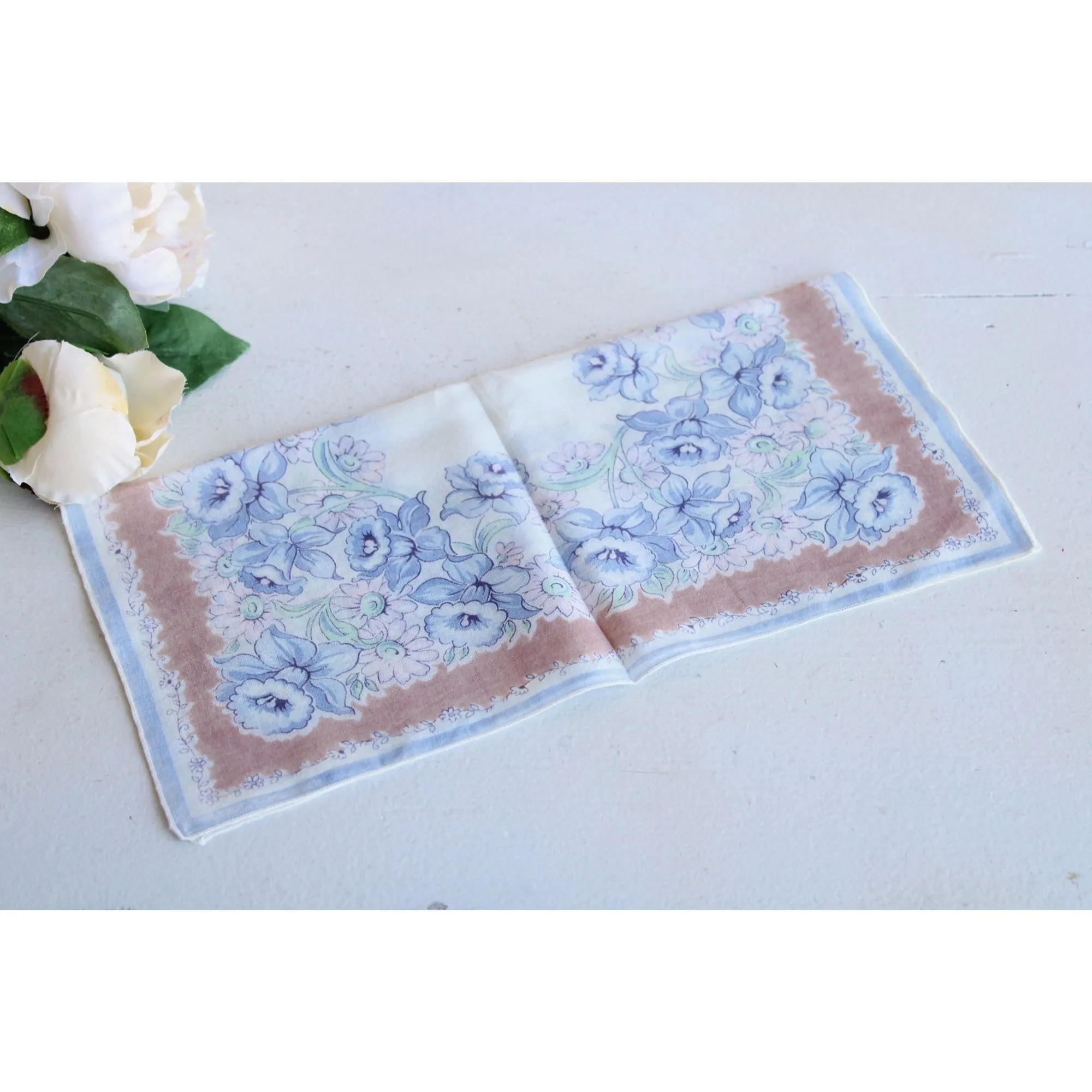 Vintage Blue and Brown Flower Print Cotton Hanky