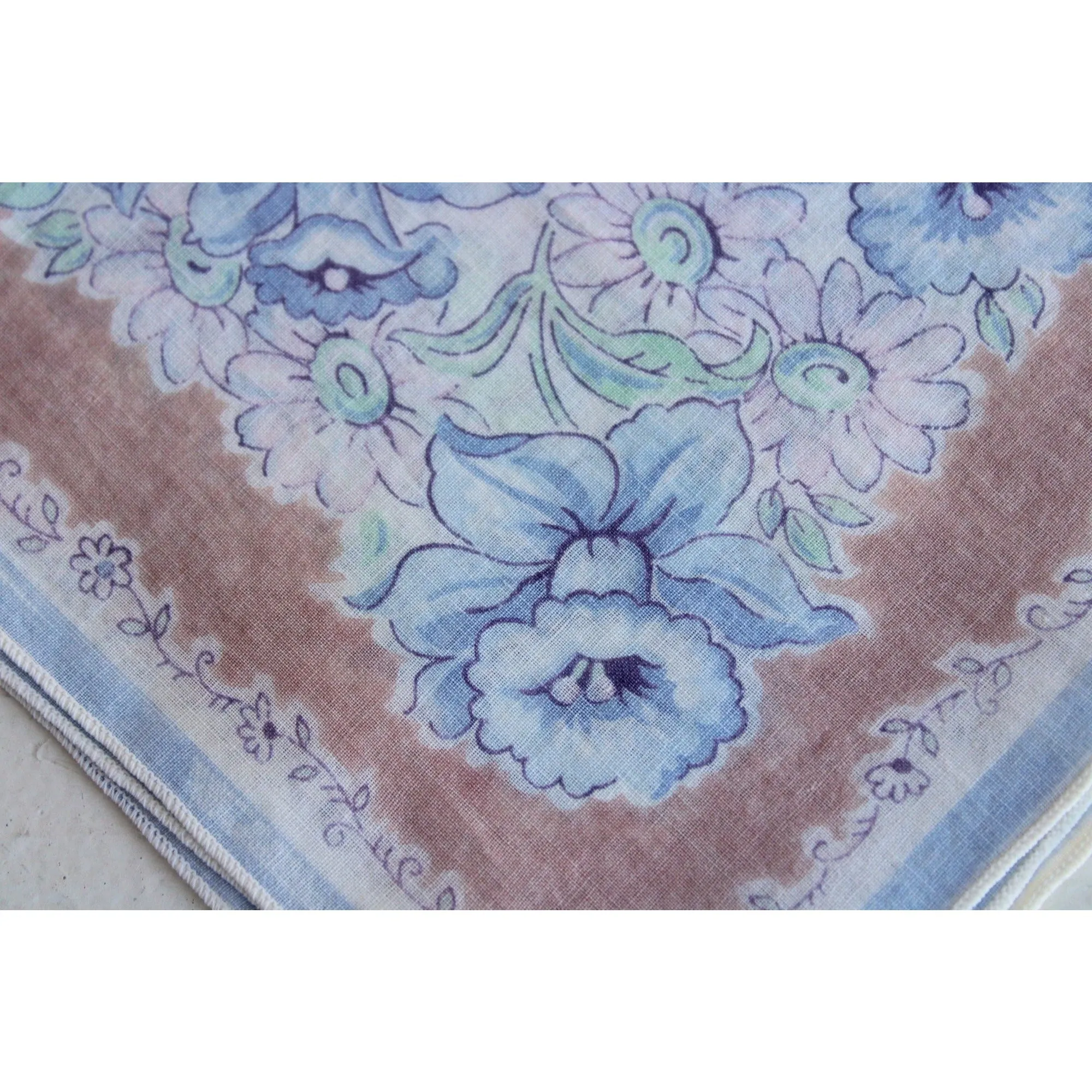 Vintage Blue and Brown Flower Print Cotton Hanky