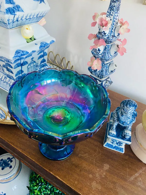 Vintage Carnival Glass Indiana Peacock Compote / Pedestal Bowl 1960s