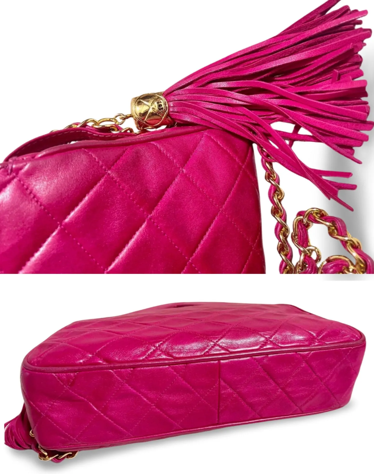 Vintage CHANEL pink lamb leather chain shoulder bag with fringe. Rare triangle handle handbag. Must have purse. 070225ac6