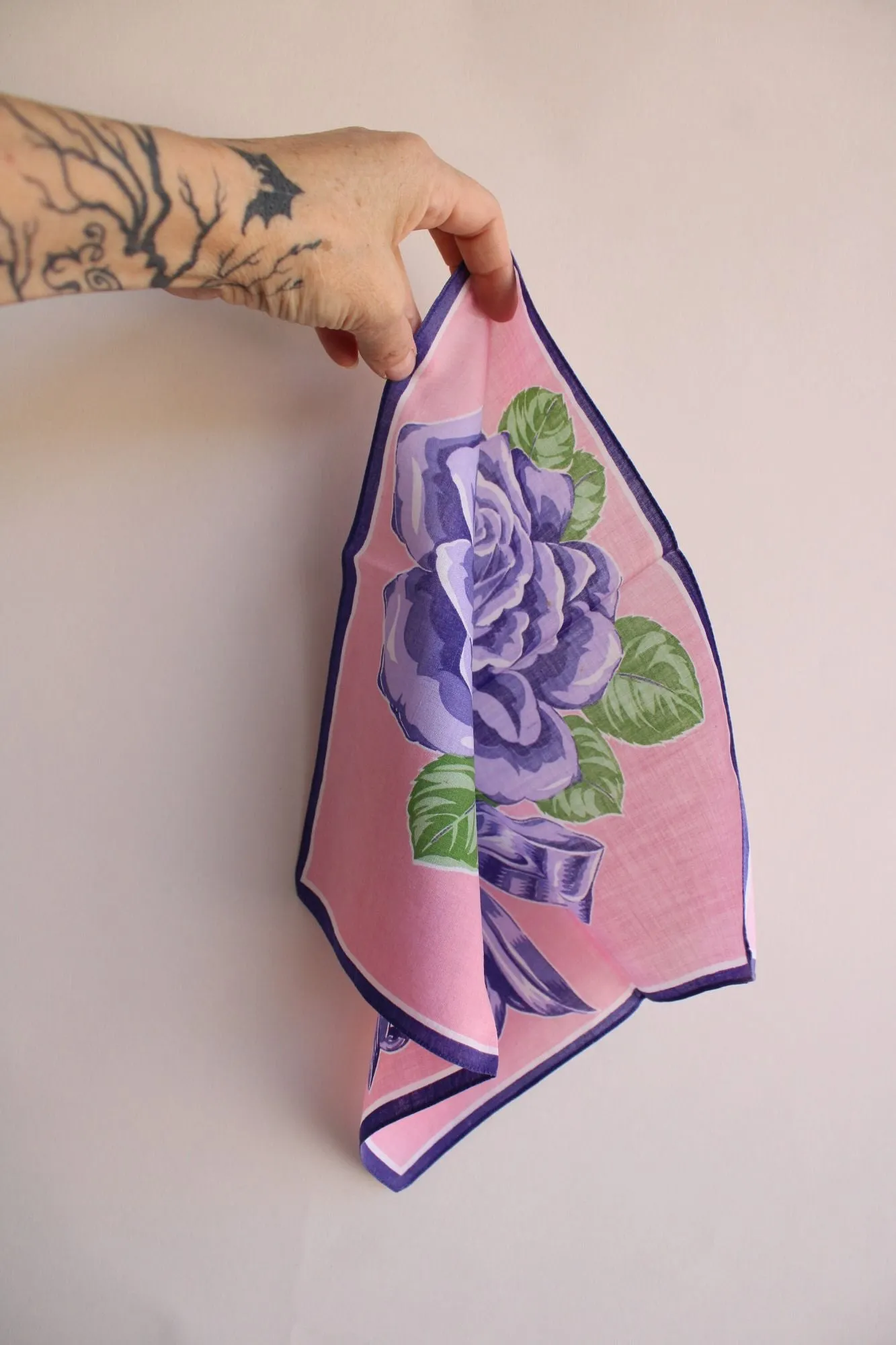 Vintage Cotton Purple Rose Floral Print Hankie
