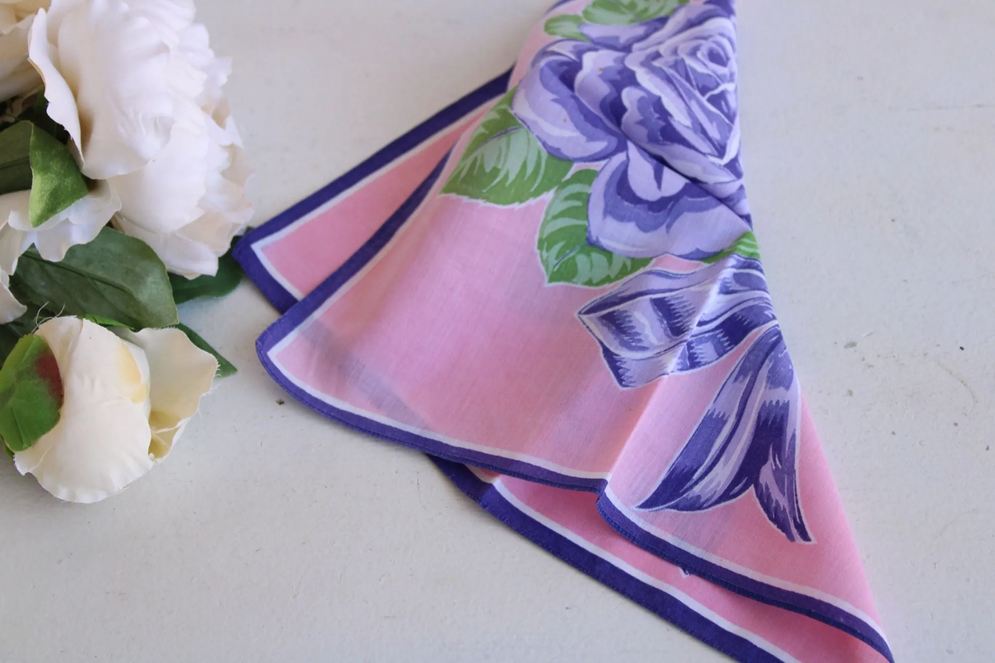 Vintage Cotton Purple Rose Floral Print Hankie