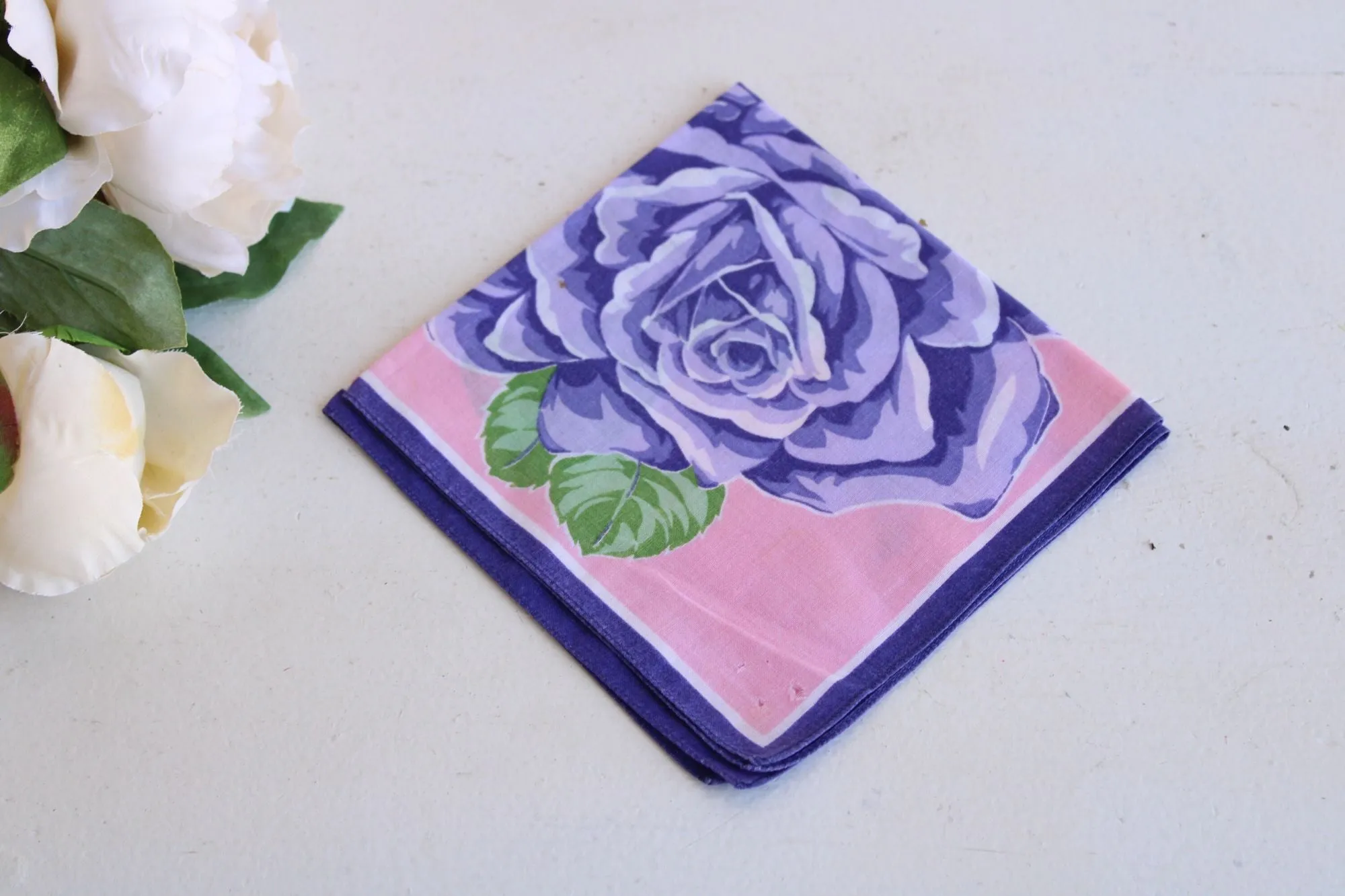 Vintage Cotton Purple Rose Floral Print Hankie