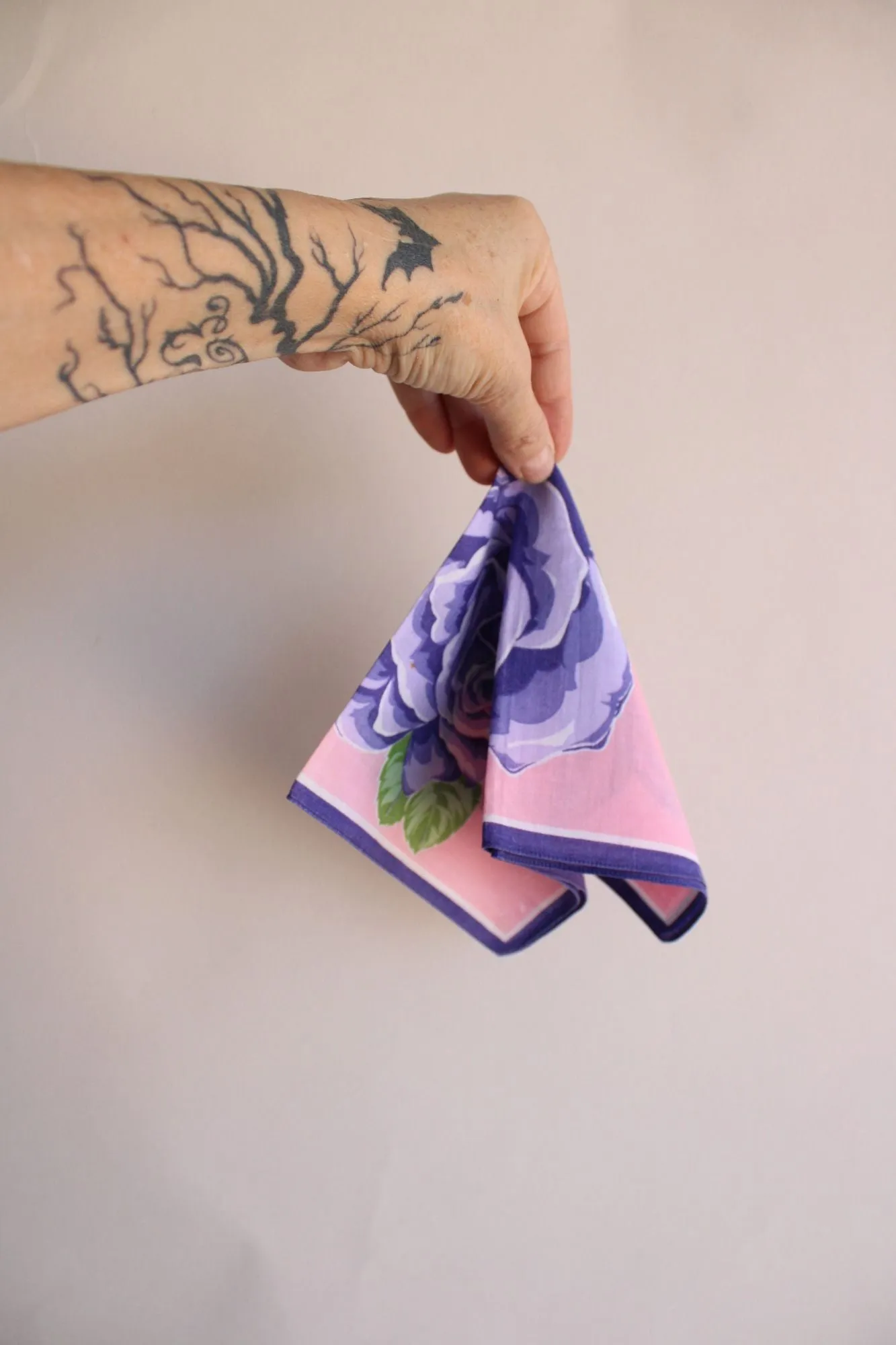 Vintage Cotton Purple Rose Floral Print Hankie