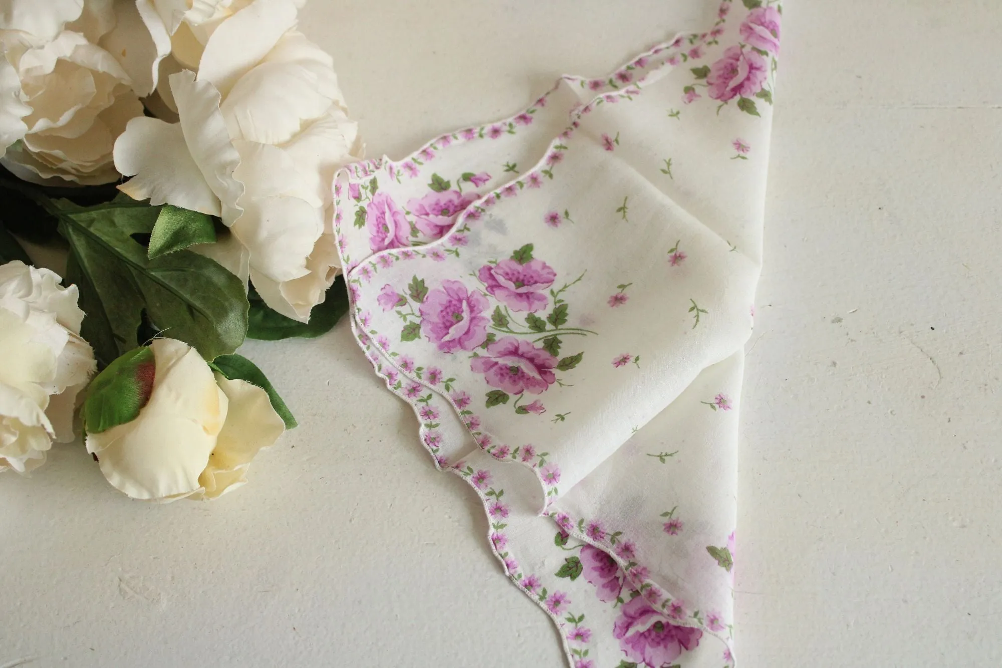 Vintage Cotton Purple Rose Print Hankie