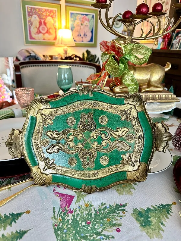 Vintage Florentine Tray, Italian, Green and Gold
