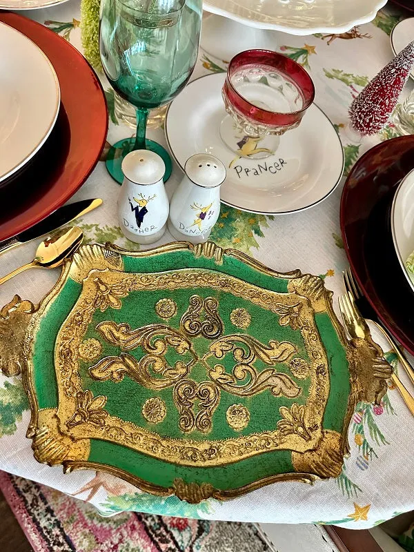 Vintage Florentine Tray, Italian, Green and Gold