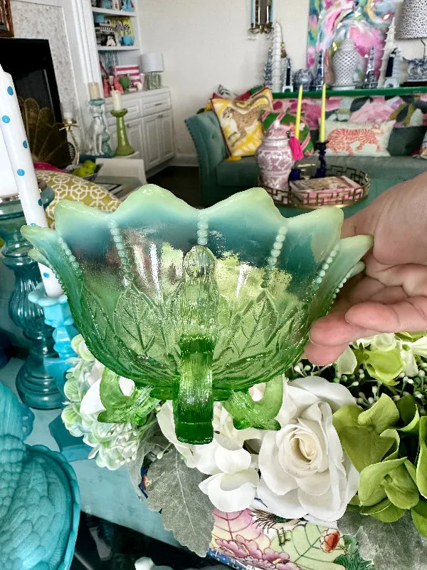 Vintage Footed Bowl Green Opalescent Leaf and Bead Pattern Northwood