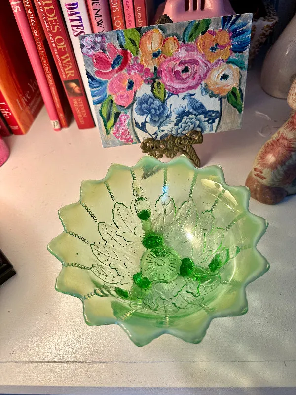 Vintage Footed Bowl Green Opalescent Leaf and Bead Pattern Northwood