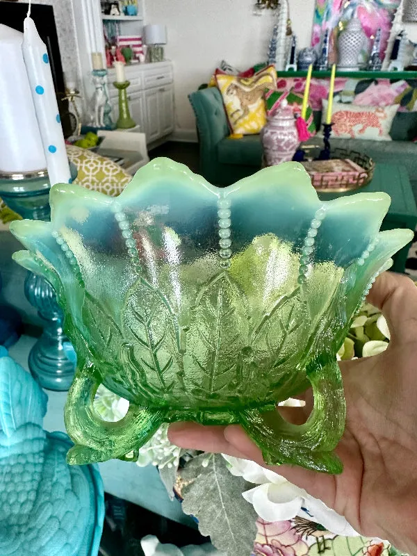 Vintage Footed Bowl Green Opalescent Leaf and Bead Pattern Northwood