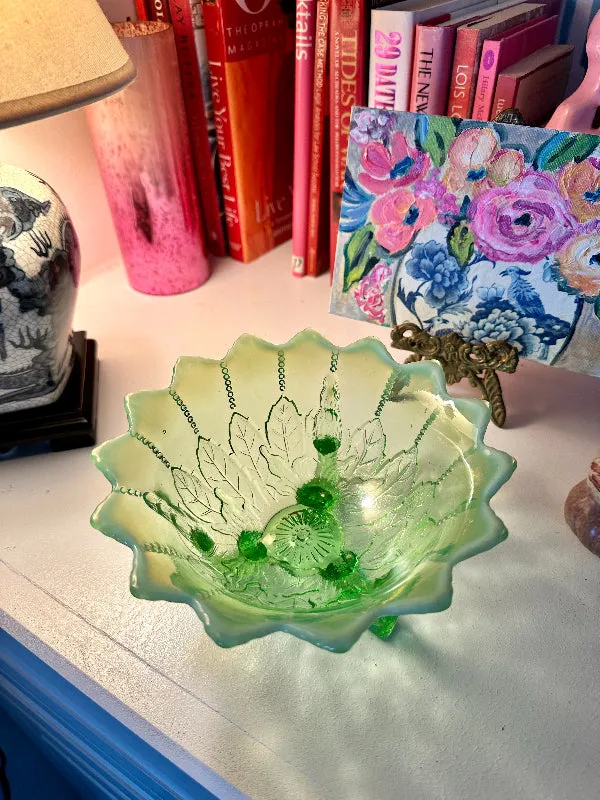 Vintage Footed Bowl Green Opalescent Leaf and Bead Pattern Northwood