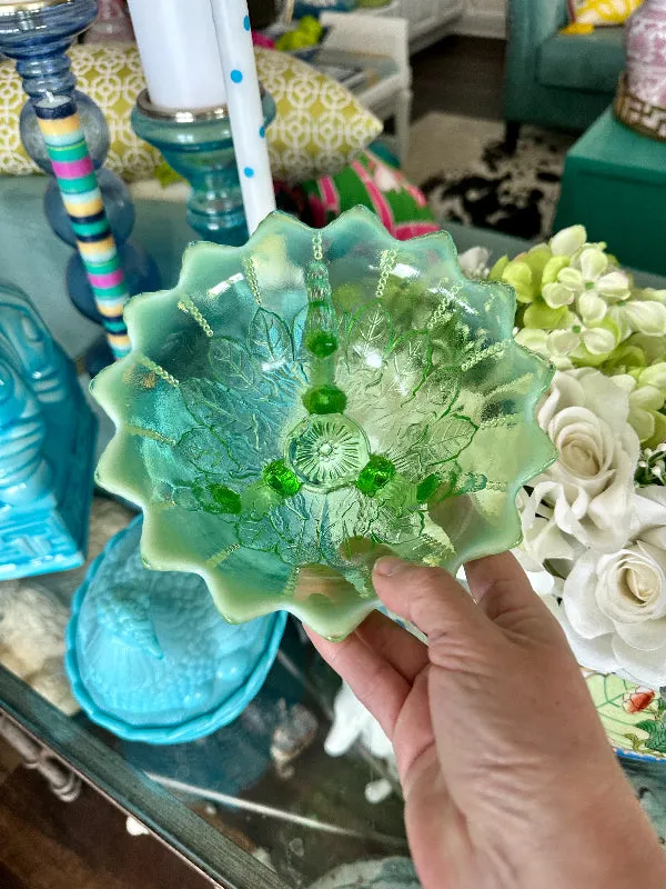 Vintage Footed Bowl Green Opalescent Leaf and Bead Pattern Northwood