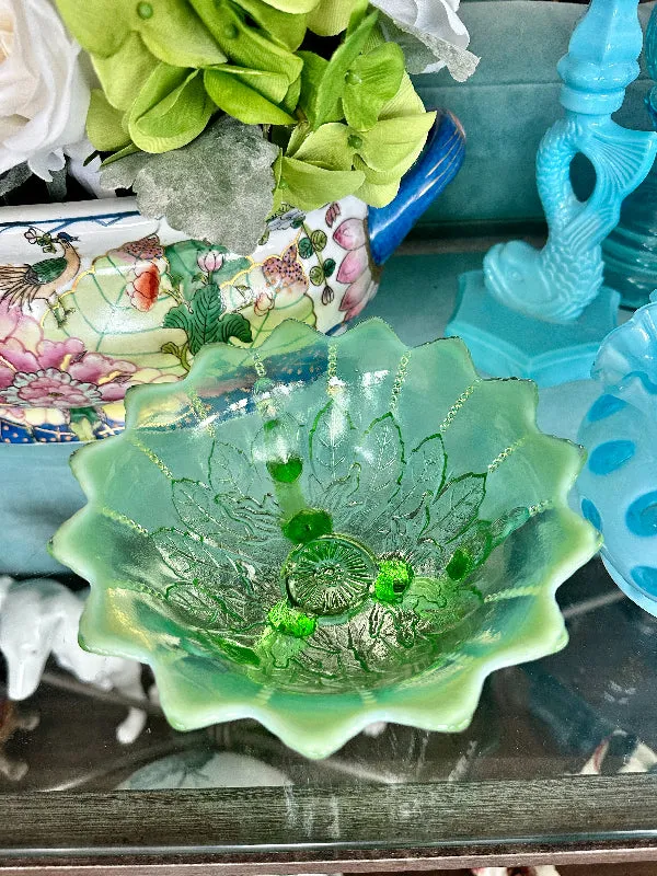 Vintage Footed Bowl Green Opalescent Leaf and Bead Pattern Northwood
