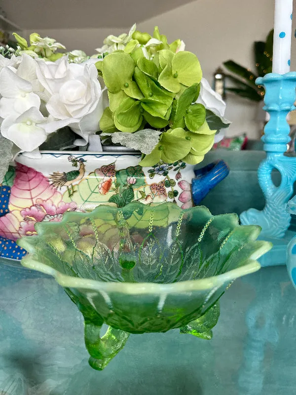 Vintage Footed Bowl Green Opalescent Leaf and Bead Pattern Northwood
