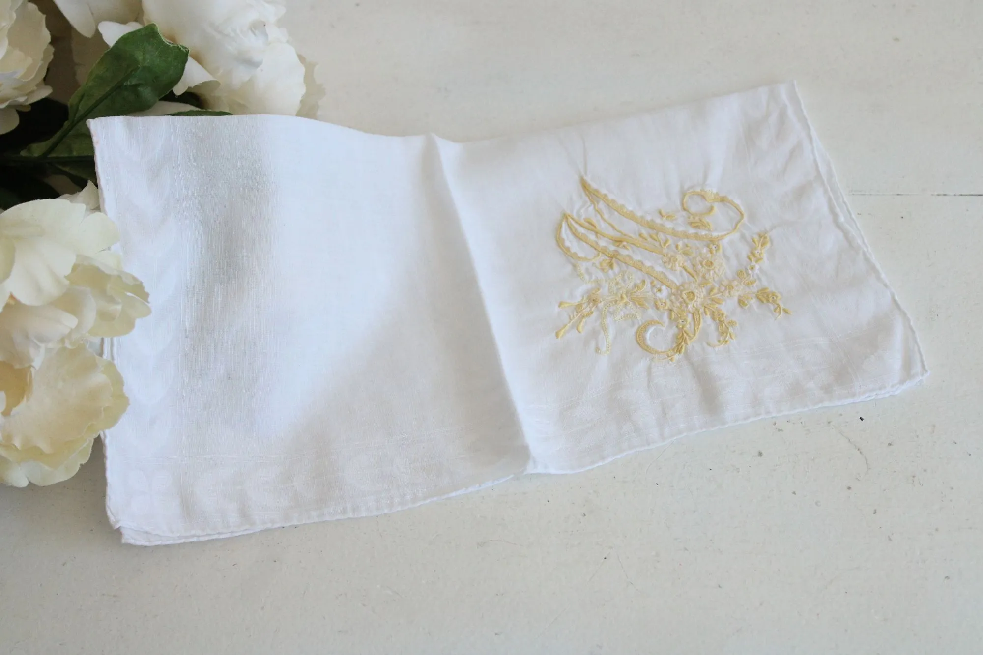 Vintage Monogrammed M Yellow Flowers Embroidered Hankie