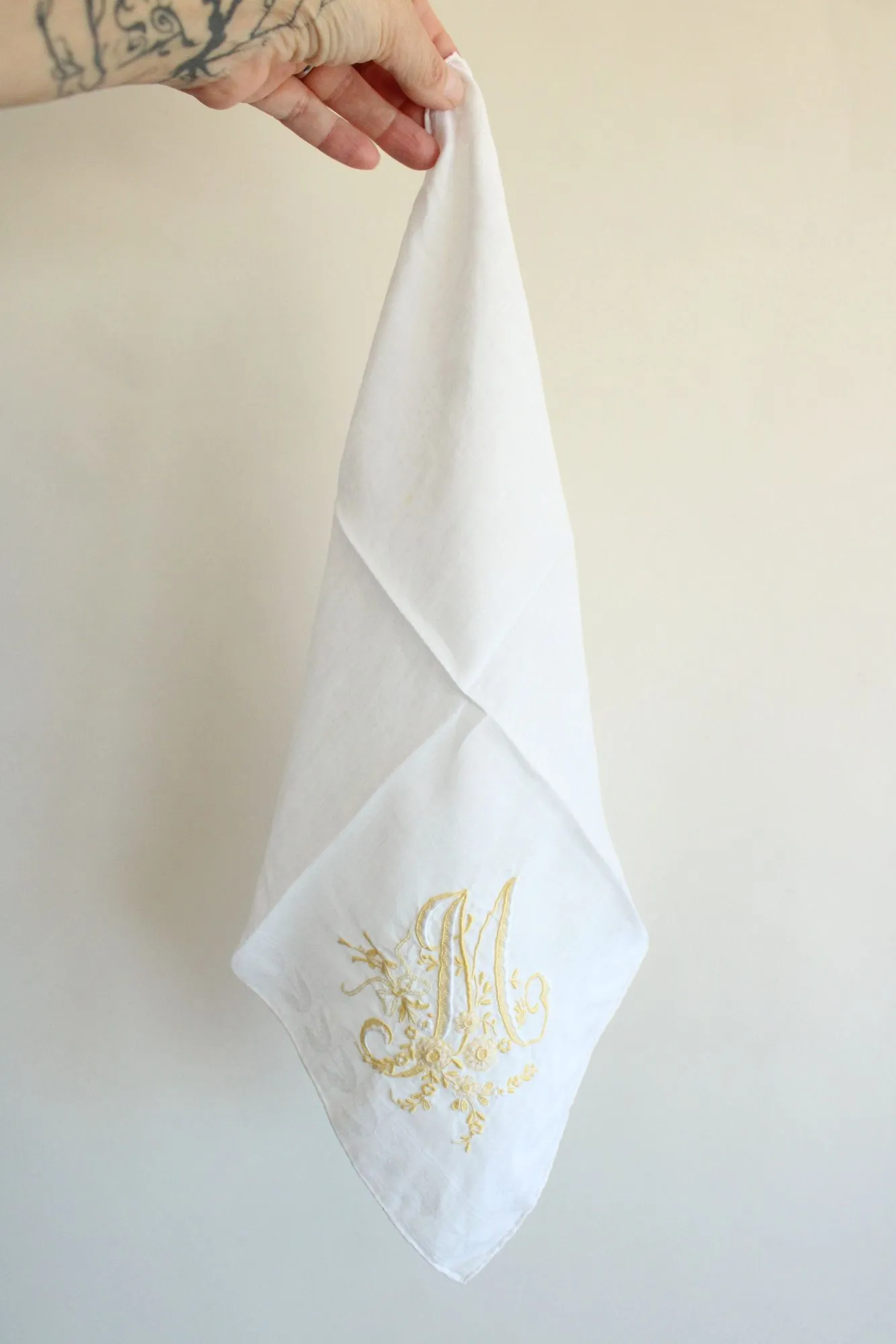 Vintage Monogrammed M Yellow Flowers Embroidered Hankie