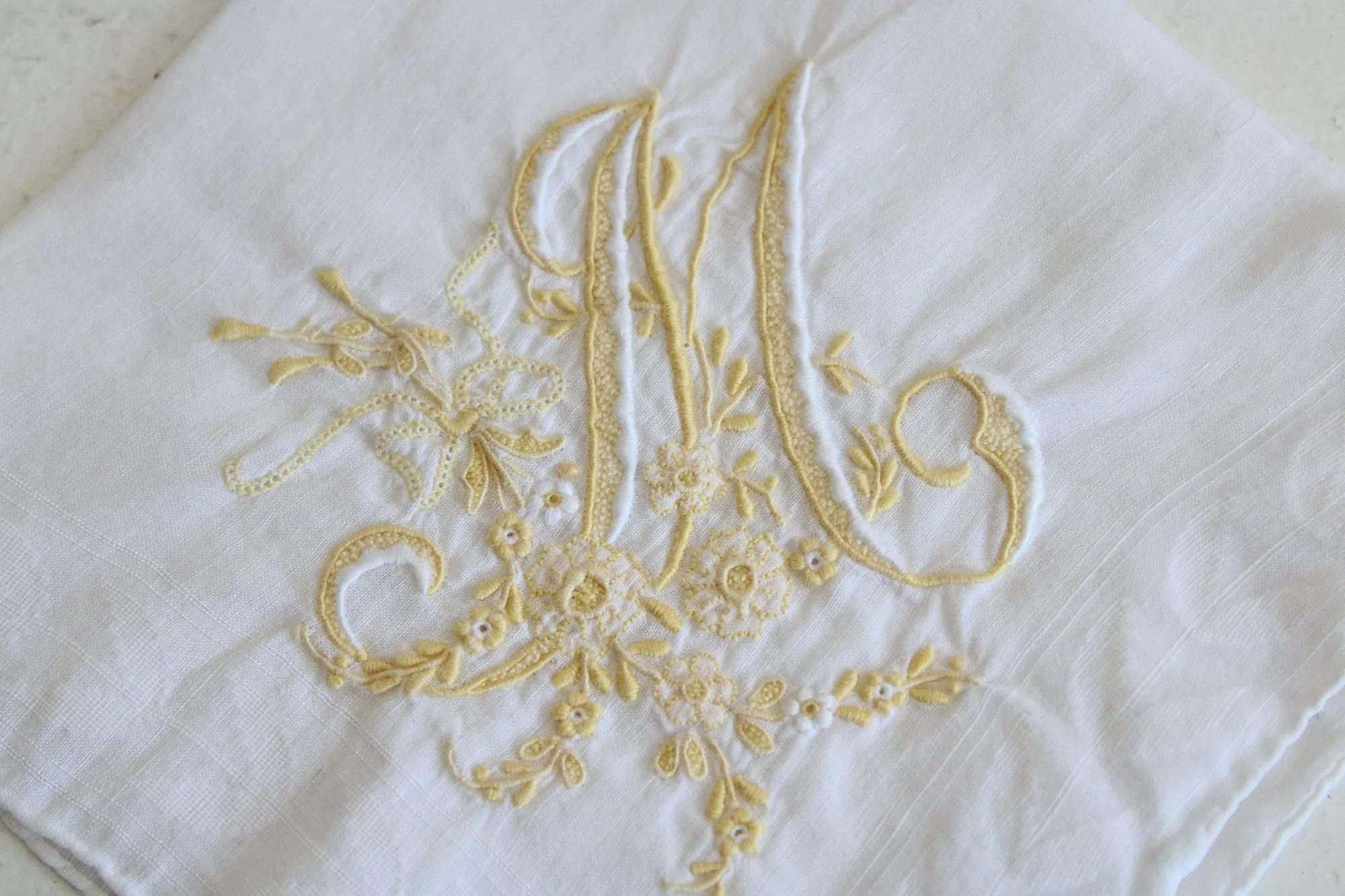 Vintage Monogrammed M Yellow Flowers Embroidered Hankie