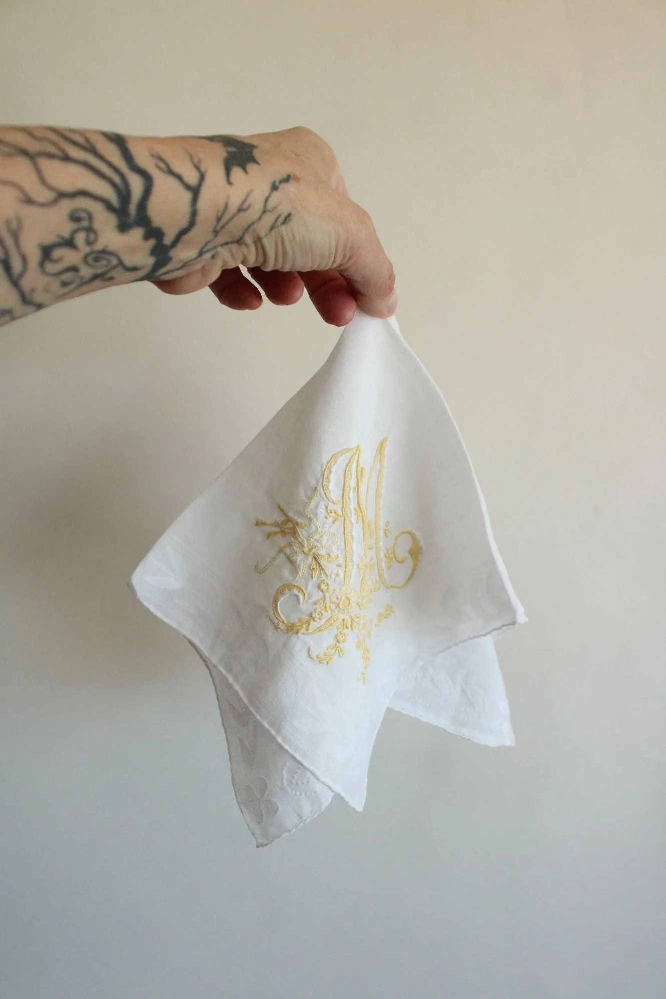 Vintage Monogrammed M Yellow Flowers Embroidered Hankie