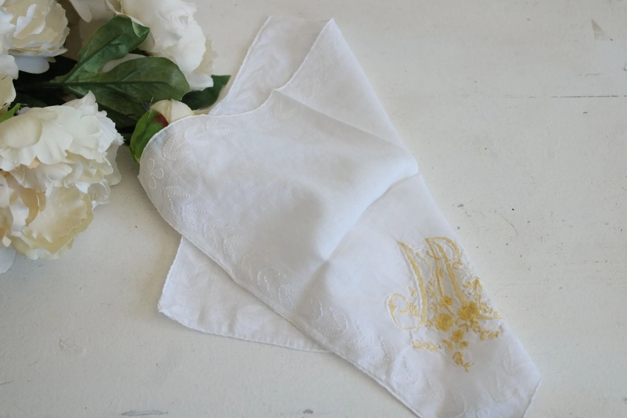 Vintage Monogrammed M Yellow Flowers Embroidered Hankie