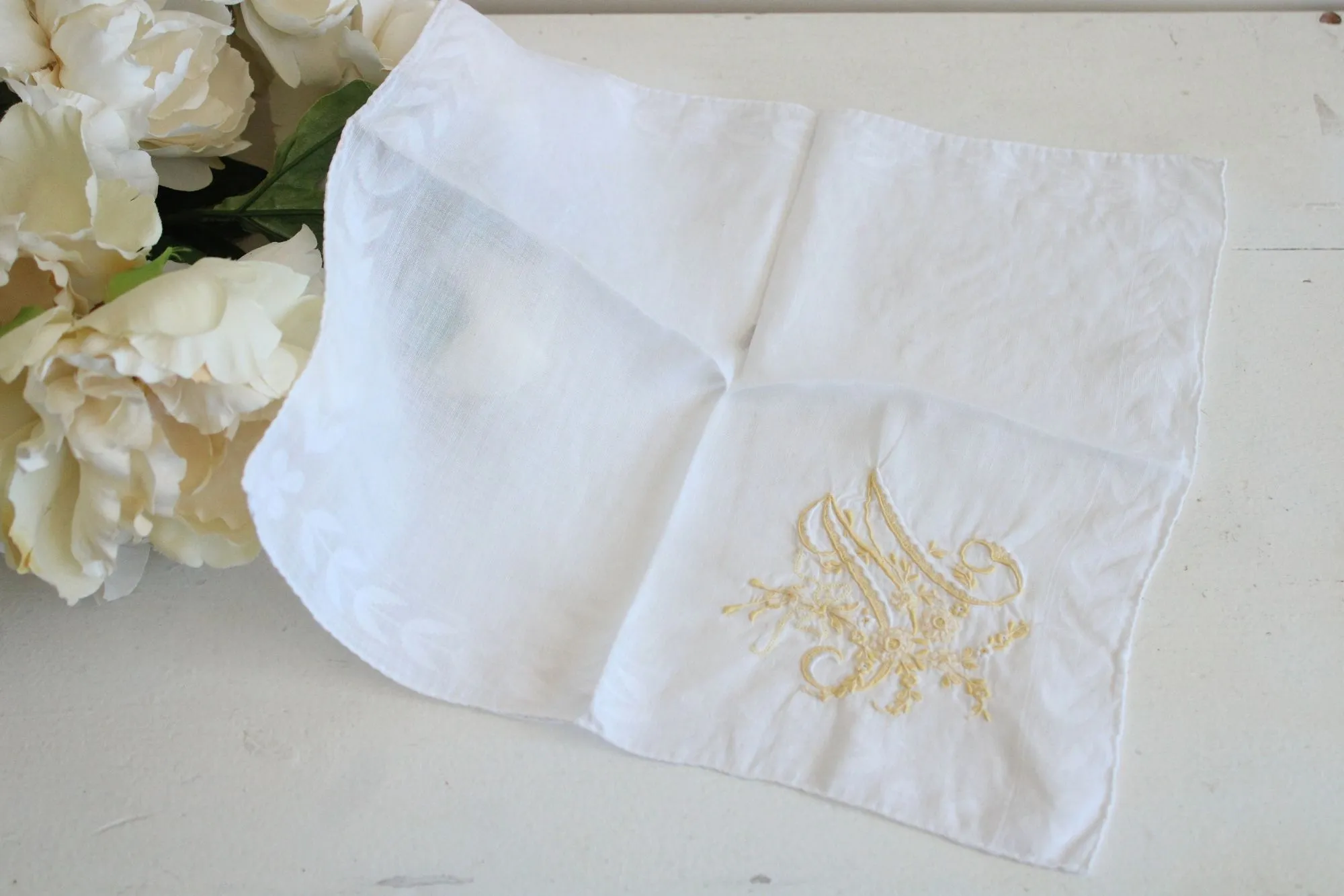 Vintage Monogrammed M Yellow Flowers Embroidered Hankie