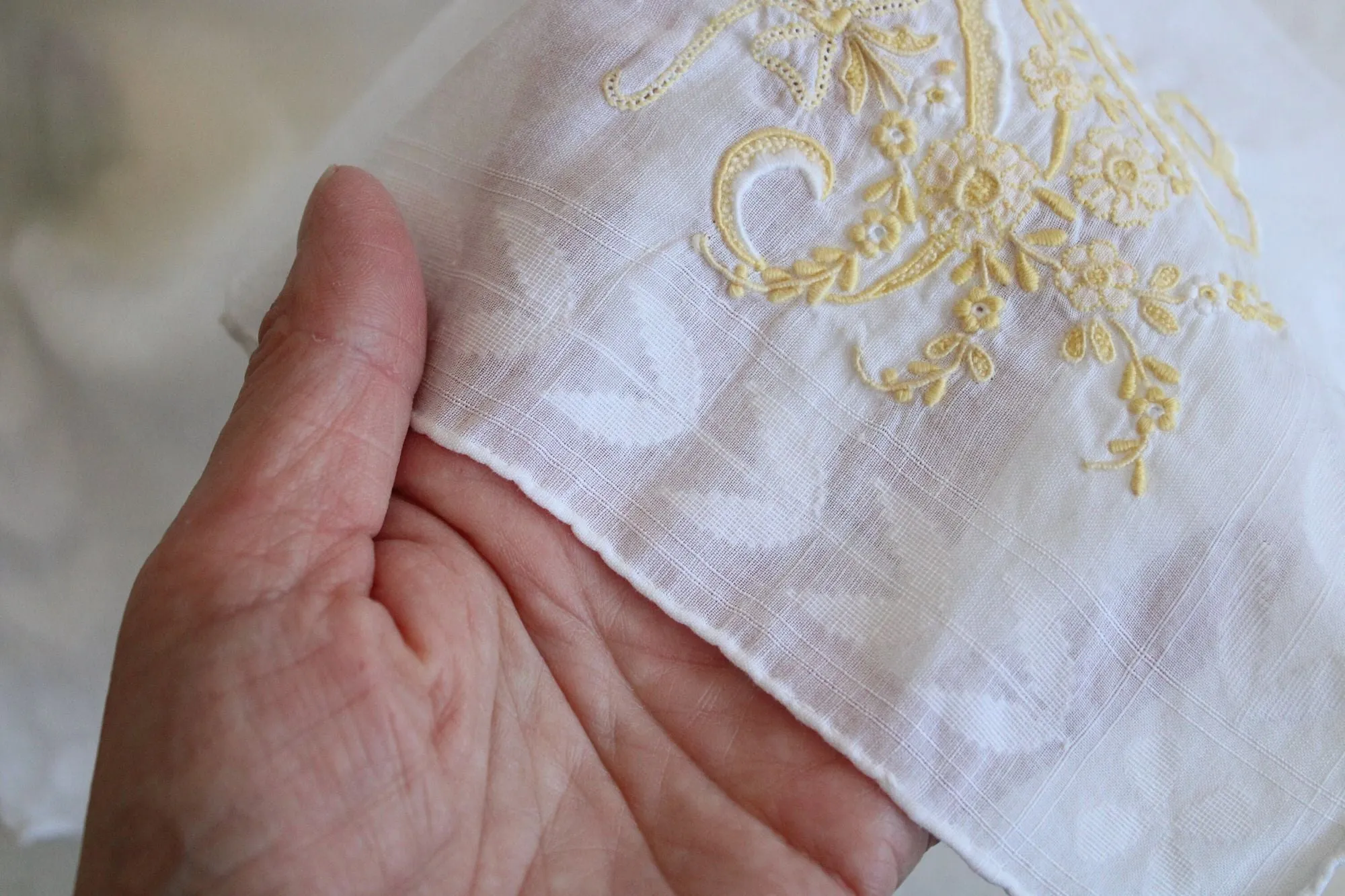 Vintage Monogrammed M Yellow Flowers Embroidered Hankie