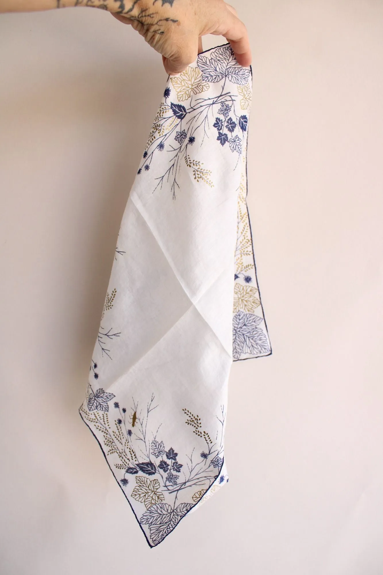 Vintage  Navy Blue and Gold Leaf Pattern Handkerchief