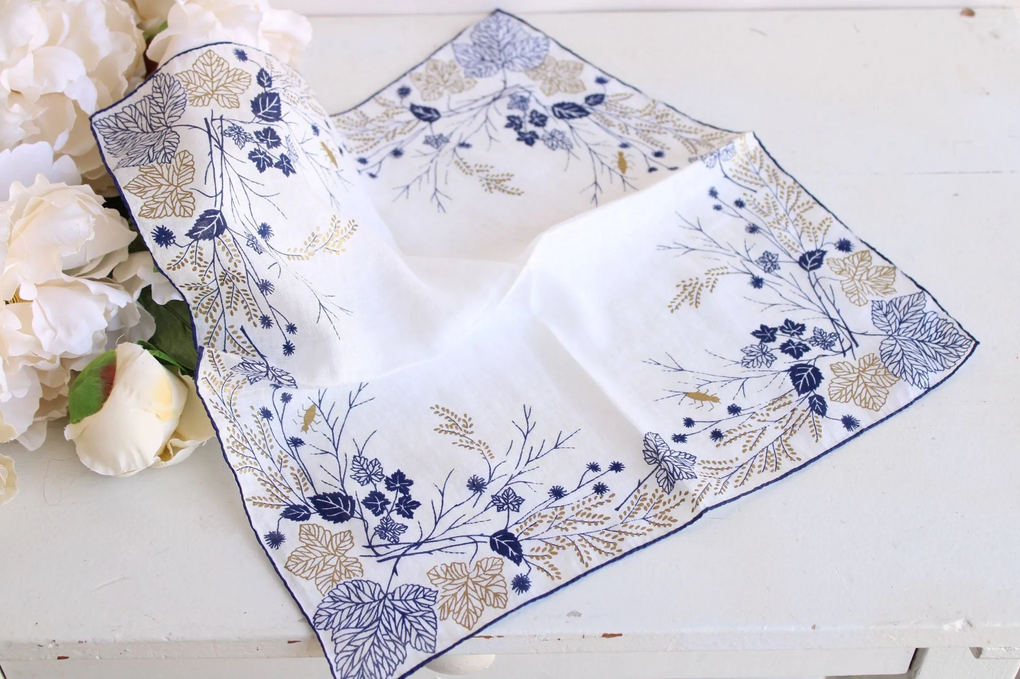 Vintage  Navy Blue and Gold Leaf Pattern Handkerchief