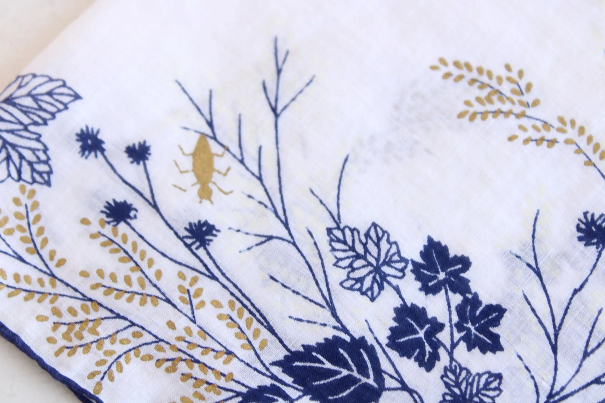 Vintage  Navy Blue and Gold Leaf Pattern Handkerchief