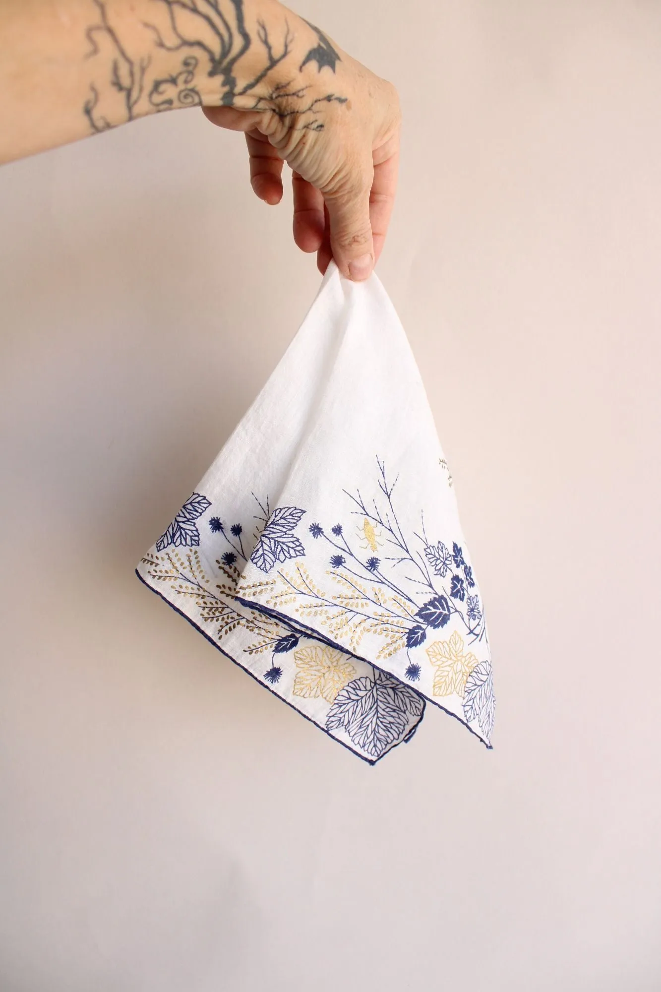 Vintage  Navy Blue and Gold Leaf Pattern Handkerchief