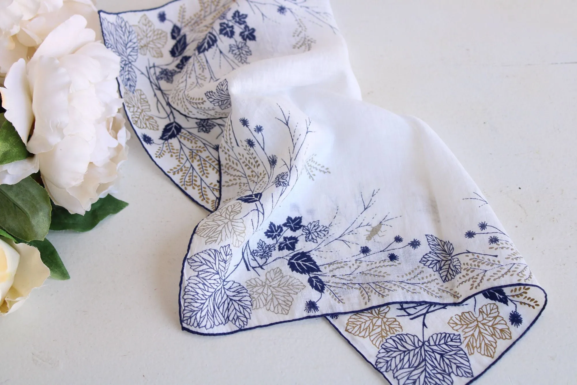 Vintage  Navy Blue and Gold Leaf Pattern Handkerchief