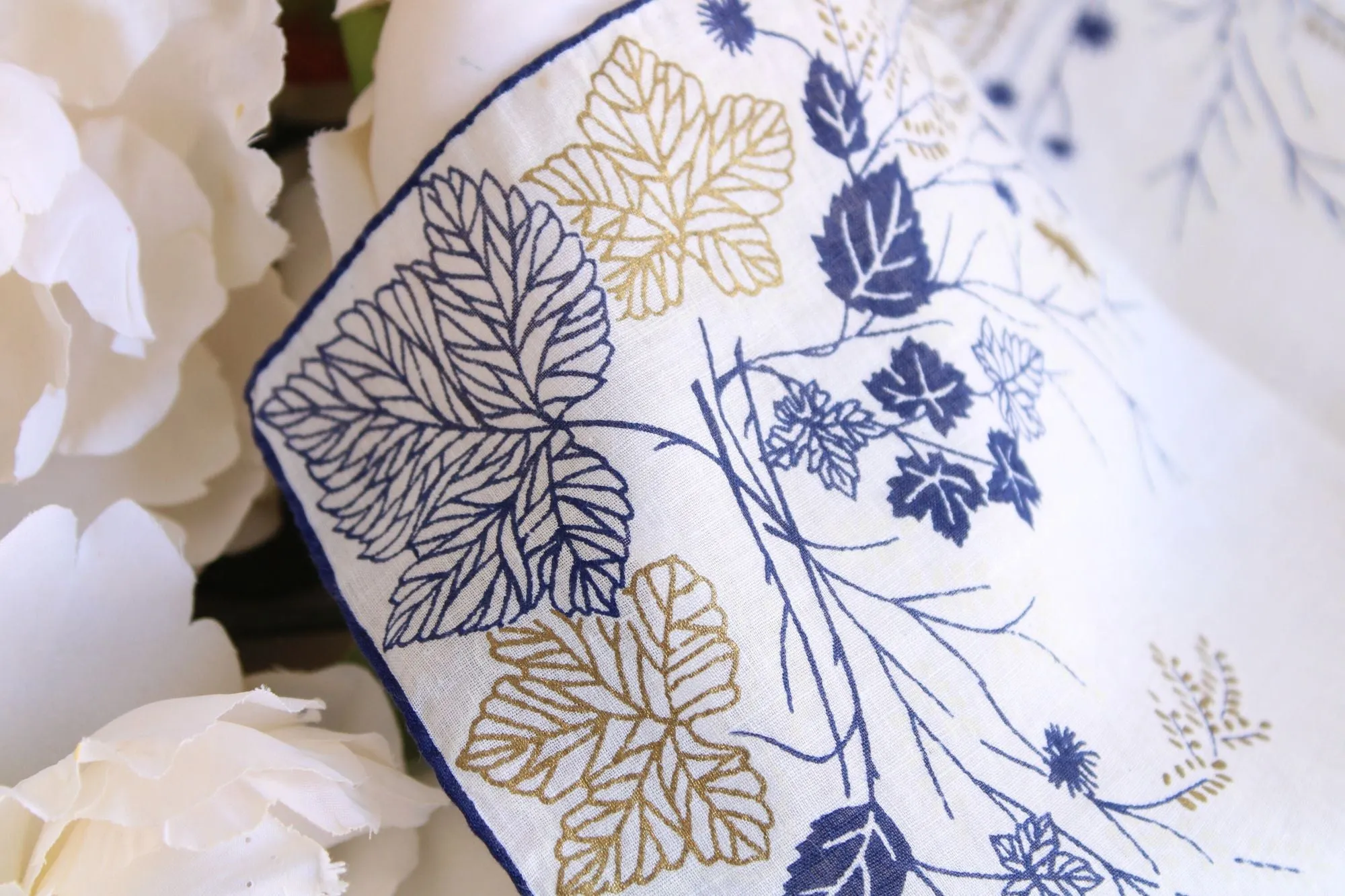 Vintage  Navy Blue and Gold Leaf Pattern Handkerchief