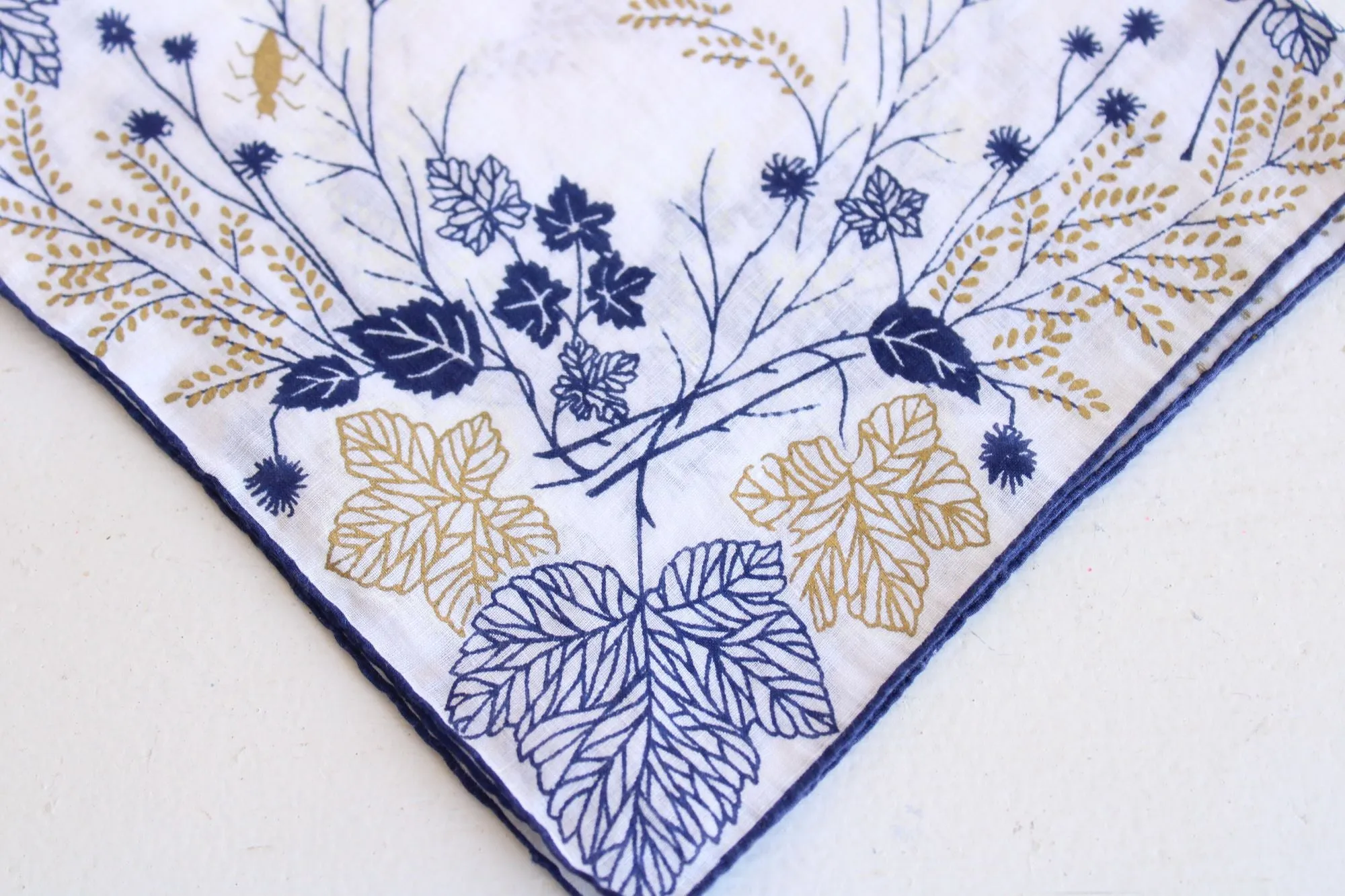 Vintage  Navy Blue and Gold Leaf Pattern Handkerchief