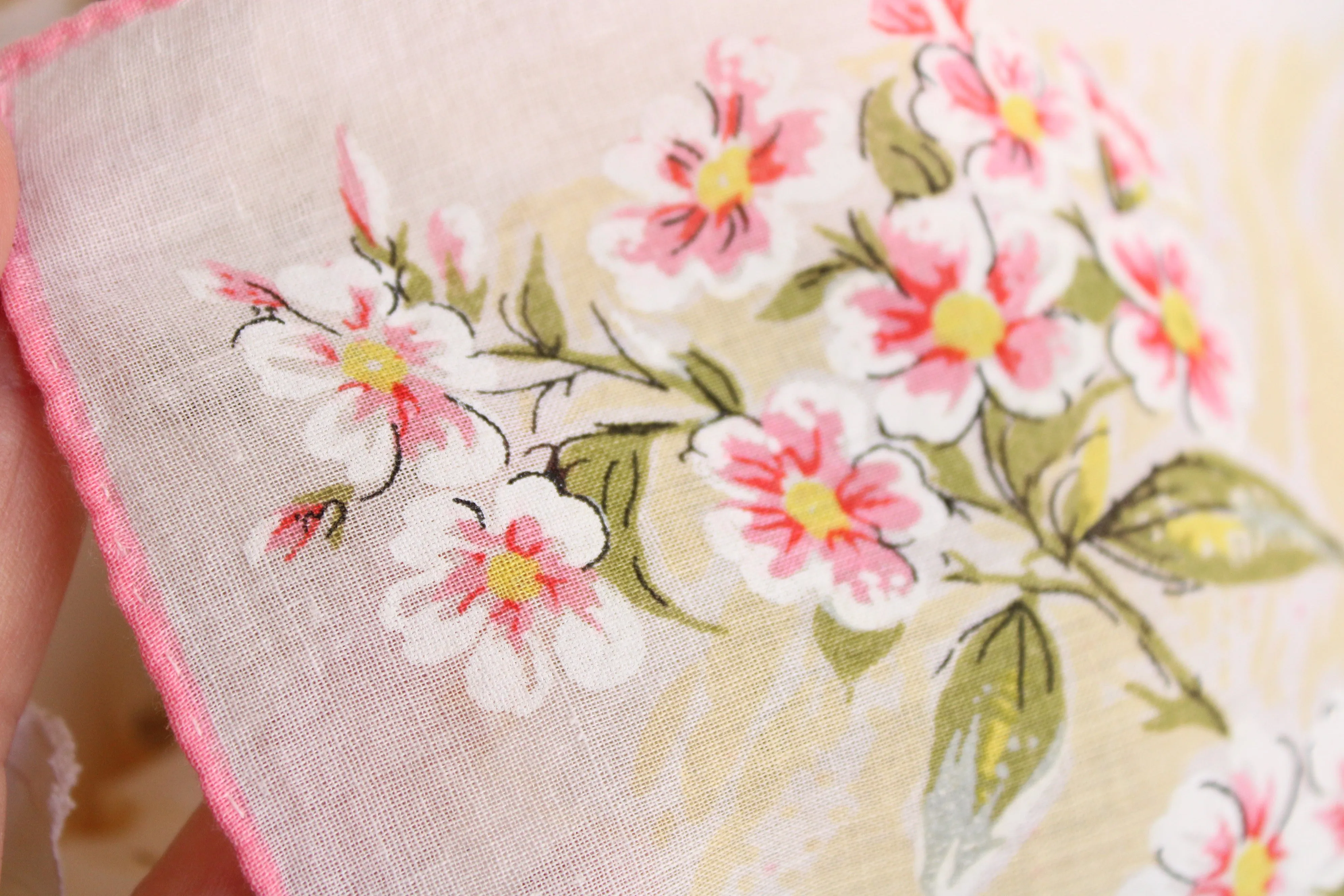 Vintage Pink and Yellow Floral Handkerchief