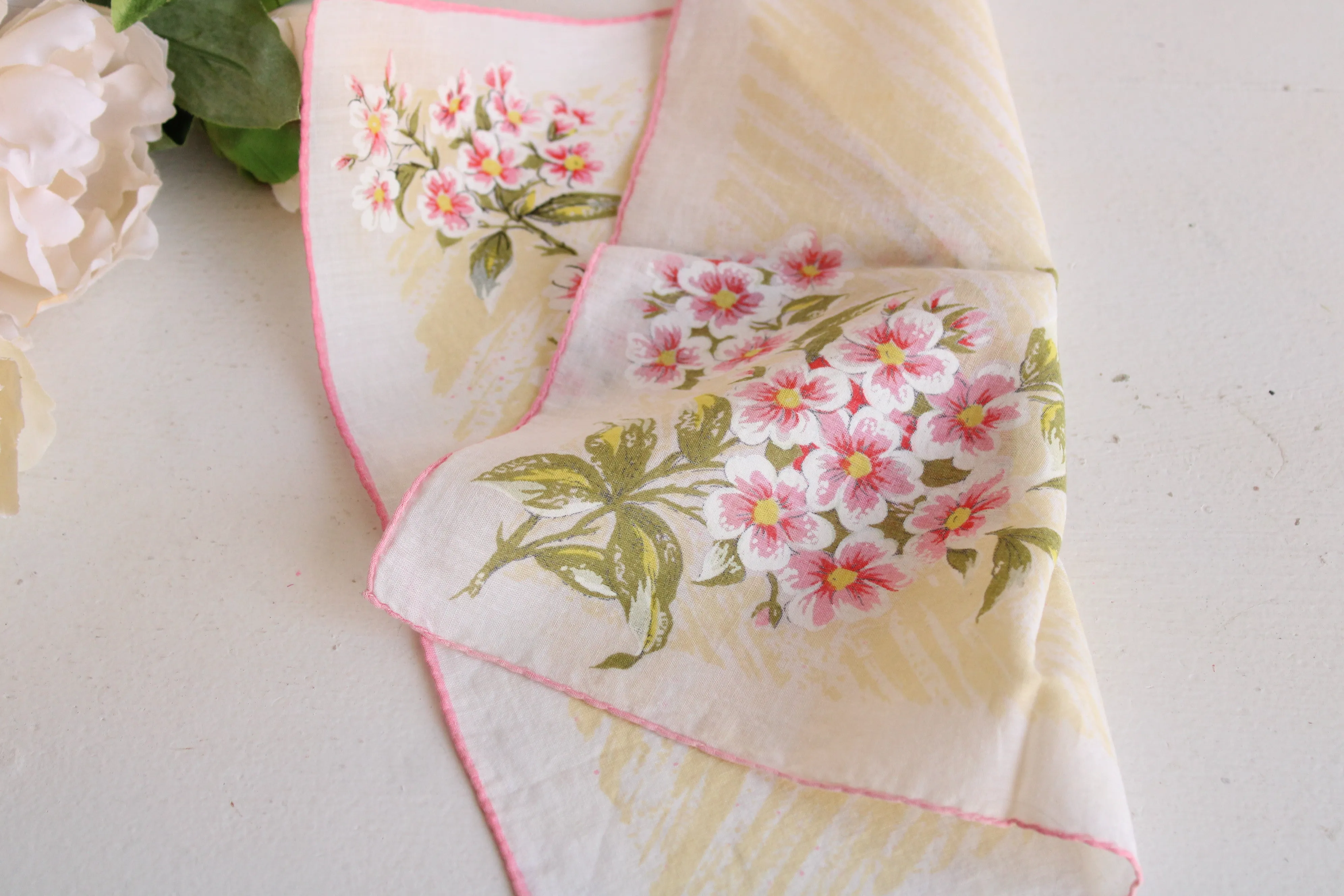 Vintage Pink and Yellow Floral Handkerchief