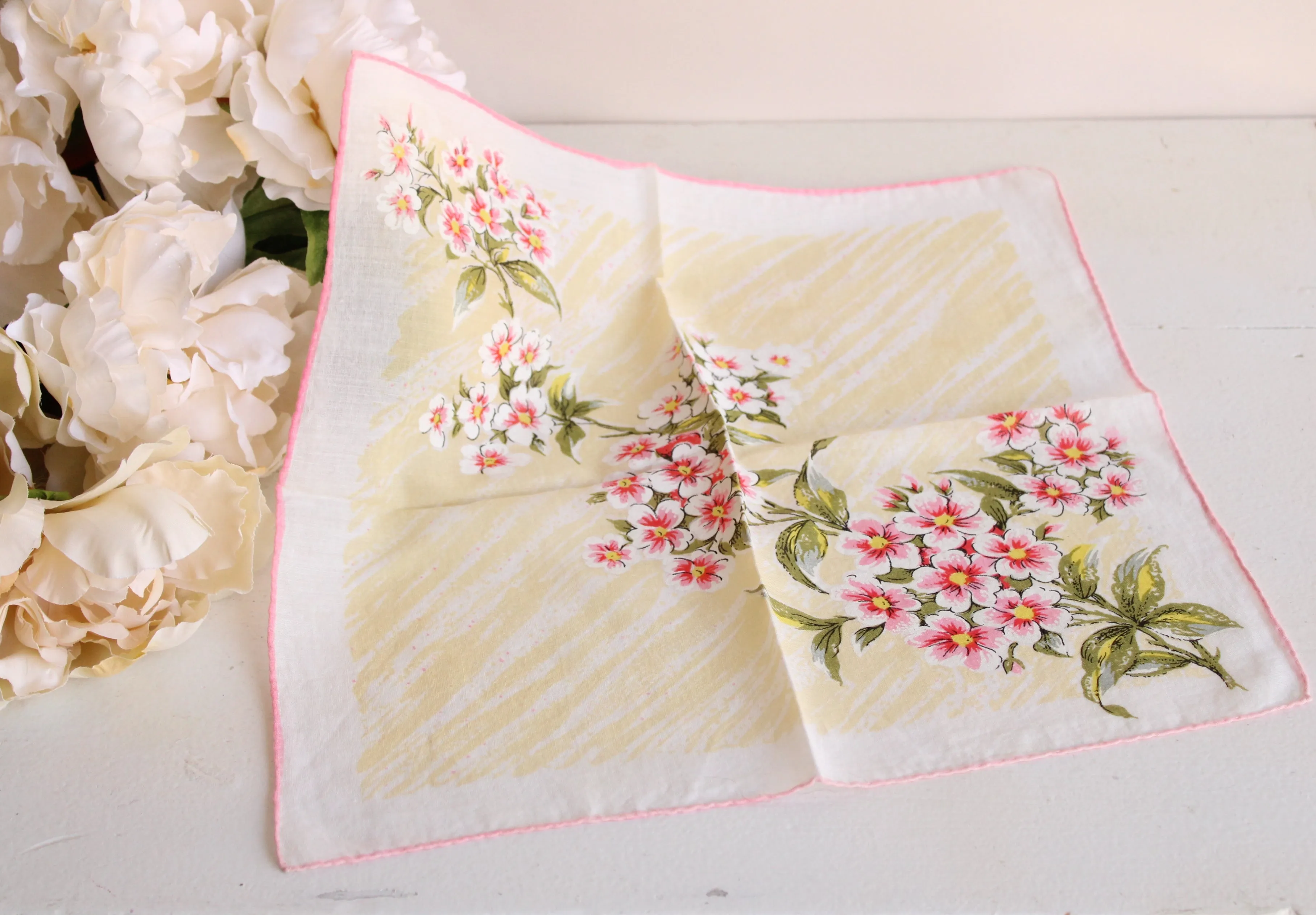Vintage Pink and Yellow Floral Handkerchief