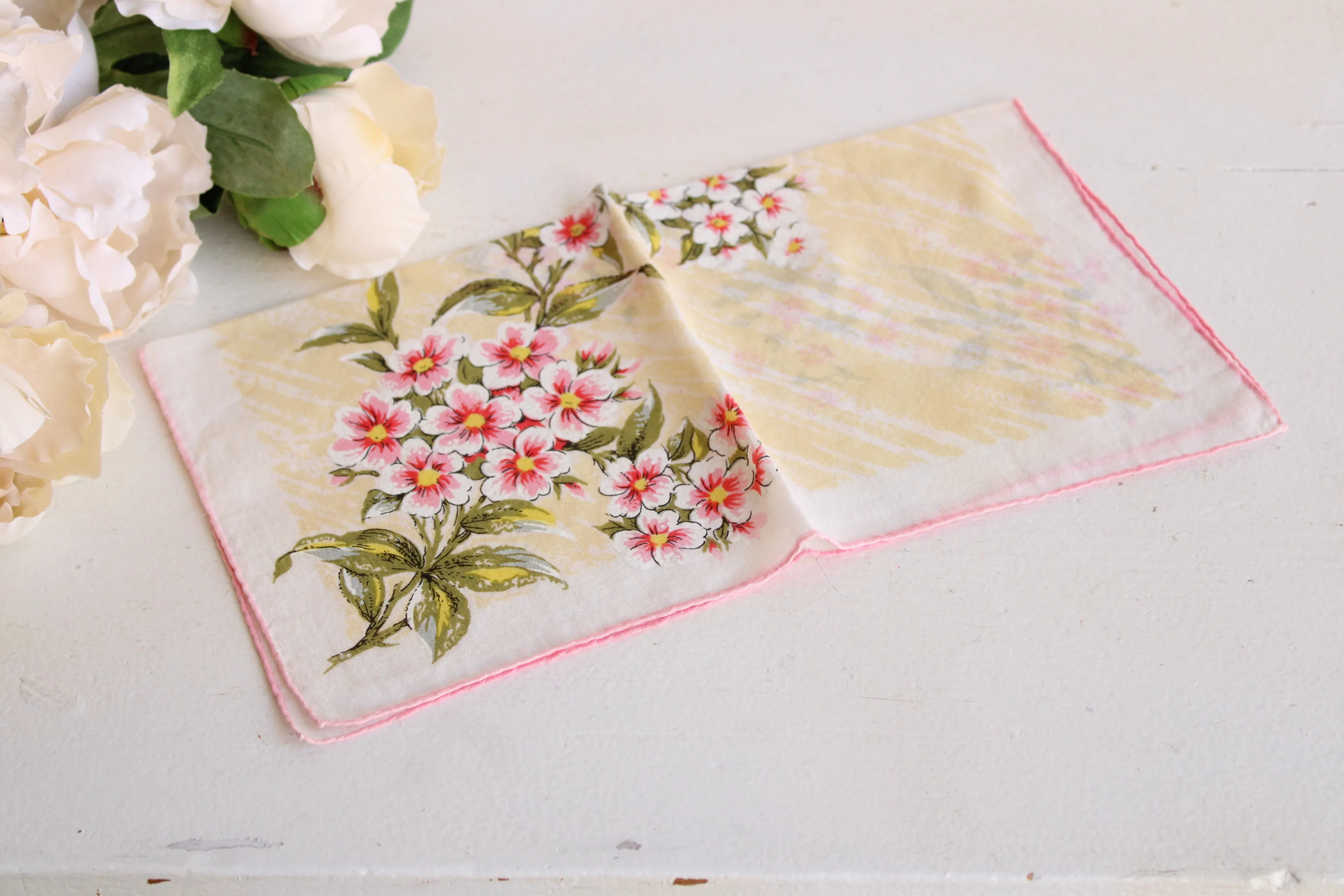 Vintage Pink and Yellow Floral Handkerchief