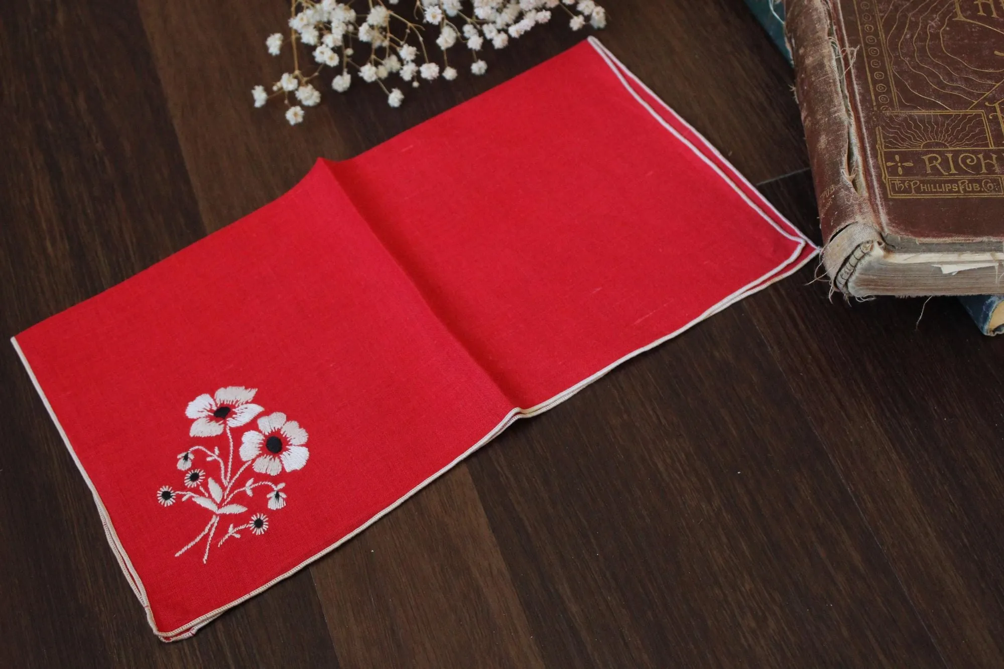 Vintage Red Embroidered Hankie with White and Black Flowers