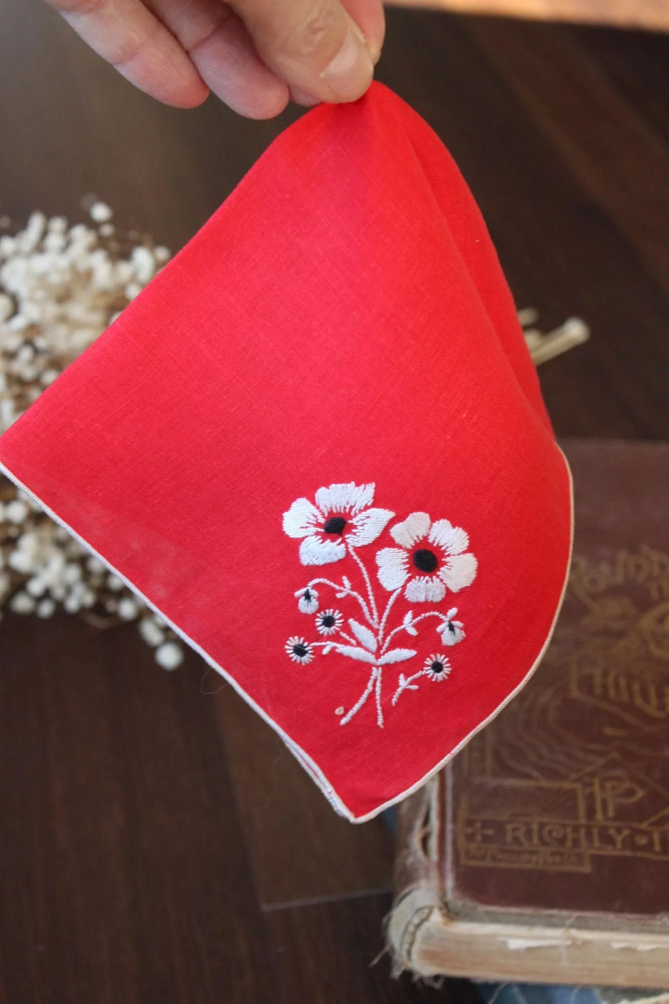 Vintage Red Embroidered Hankie with White and Black Flowers