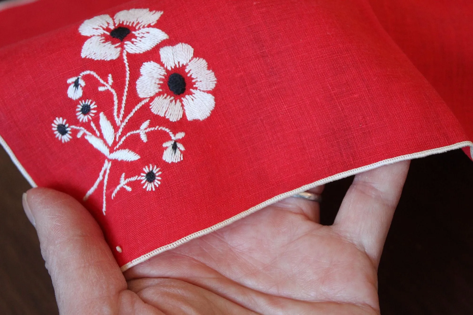 Vintage Red Embroidered Hankie with White and Black Flowers