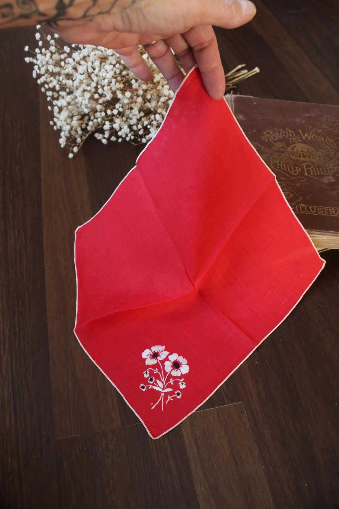 Vintage Red Embroidered Hankie with White and Black Flowers