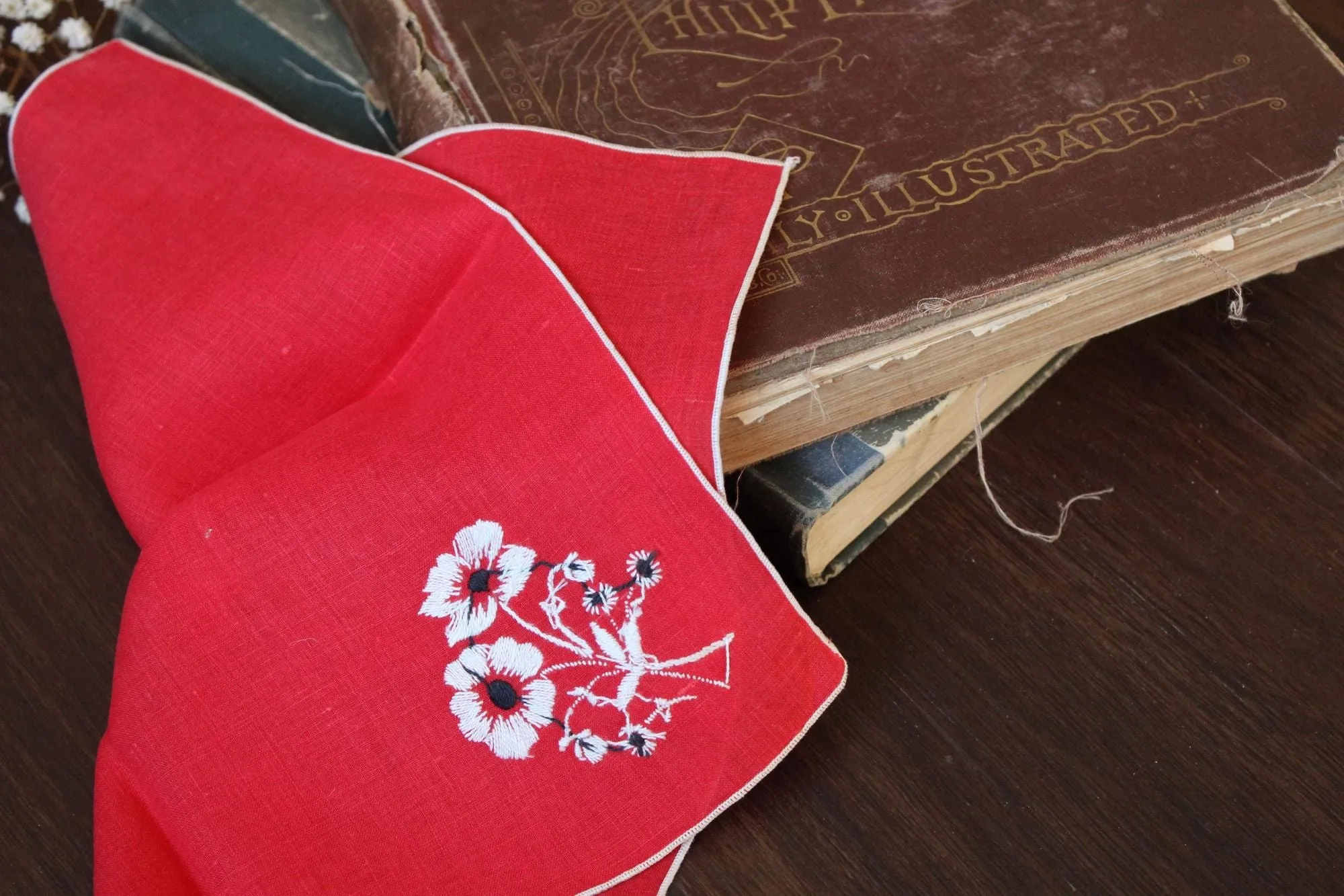 Vintage Red Embroidered Hankie with White and Black Flowers